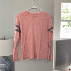 pink glitter shirt with gray varsity stripe